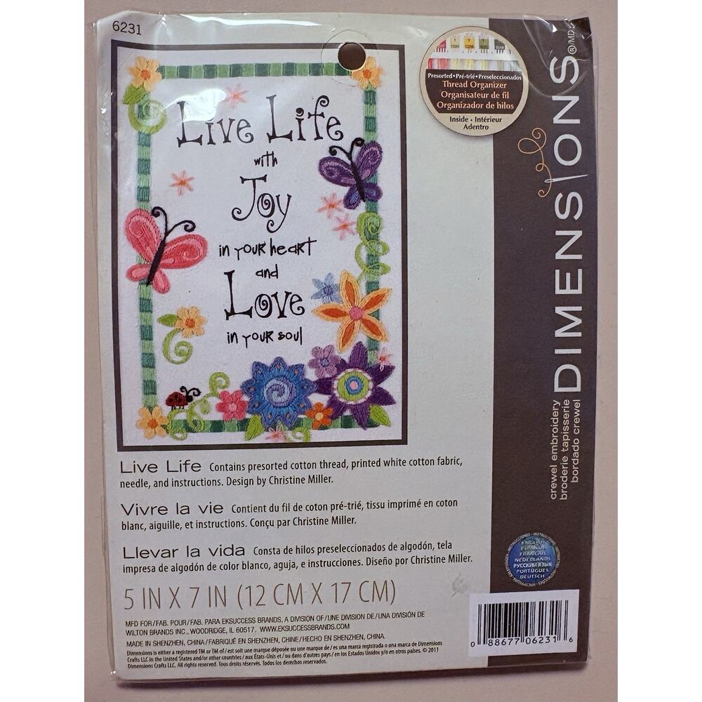 Wilton Brands Crewel Embroidery Kit Unopened, 5" x 7" "Live Life" Dimensions